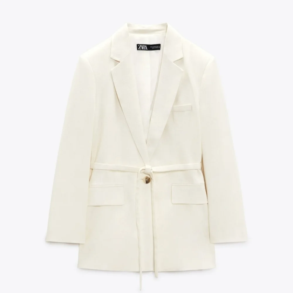 Zara Ecru Linen Blend Belted One Button Blazer - Picture 3 of 16